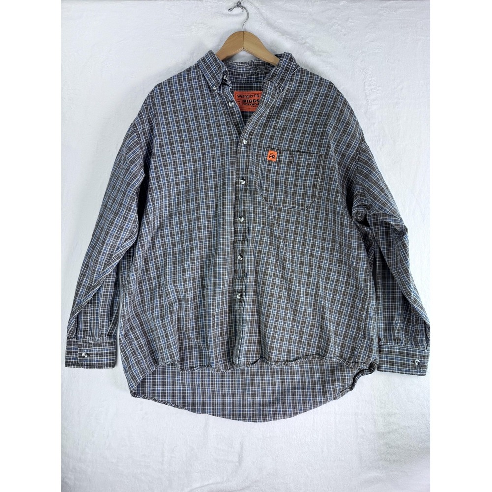 Wrangler FR Riggs Workwear Shirt Mens XL Brown Blue Plaid HRC2 Flame Resistant